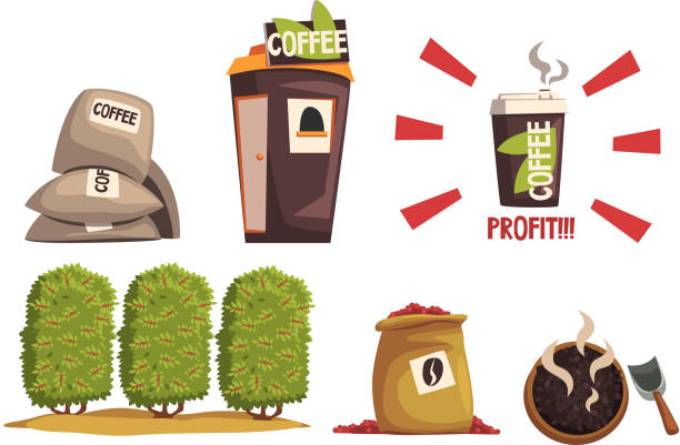 ilustrações, clipart, desenhos animados e ícones de produção de café encena coleção, colheita, torrada, embalagem, ilustração de vetor logístico em fundo branco - coffee bag sack bean