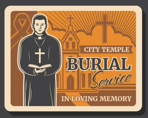 Vector illustration of Church, priest, cemetery. Burial funeral ceremony