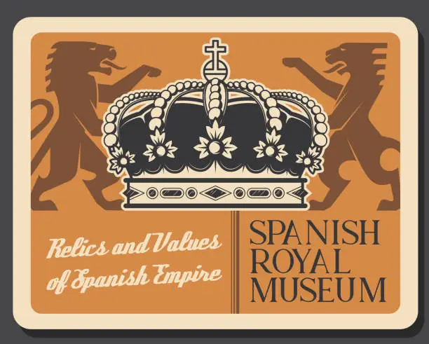 Vector illustration of Museum of Spain, crown standing lions