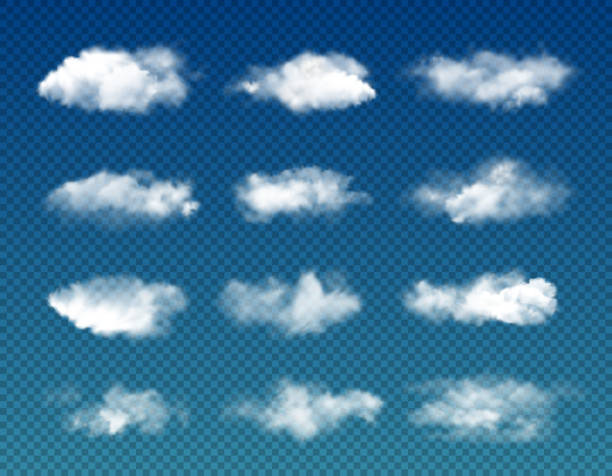 Realistic sky clouds, transparent background White clouds on transparent background, vector cloudy sky, foggy air, thunder cloudscape and fluffy cumulus clouds. Nature, weather, atmosphere and heaven stratus clouds stock illustrations