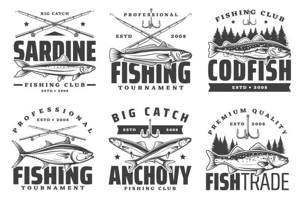 ikony połowów sardeli, sardynek i dorsza - catch of fish sport black and white activity stock illustrations