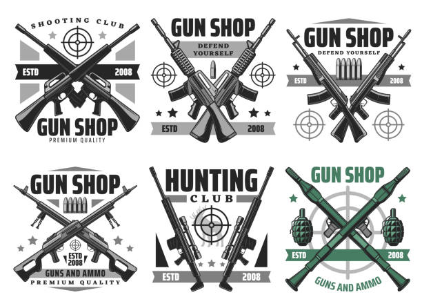ilustrações de stock, clip art, desenhos animados e ícones de hunting ammo and gun shop icons - rifle hunting shotgun gun