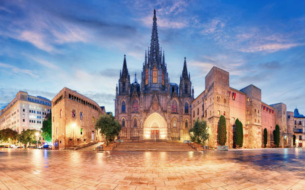 panorama of cathedral of the holy cross and saint eulalia in the morning, barri gothic quarter, barcelona, catalonia - gotic imagens e fotografias de stock