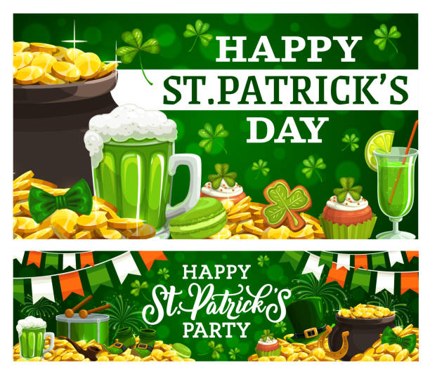 патрикс день ирландский праздник, сокровища и напитки - cupcake set food and drink metal stock illustrations