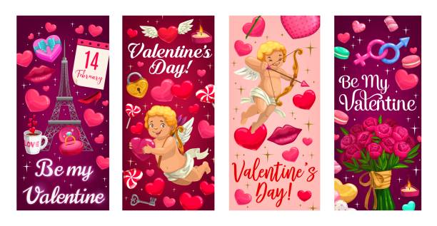 Cupid, Valentines Day gift and hearts banners Valentines Day vector banners with love hearts, Cupids and gifts. Rings, romantic flower bouquet and calendar, candles, cupid angels with arrows and bow, candy, key and padlock paris red lips stock illustrations