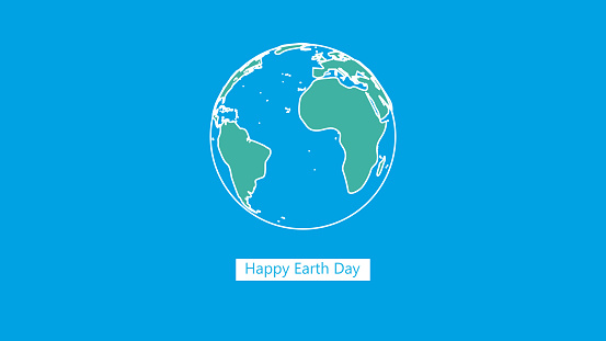 Happy Earth Day illustration with planet and lettering.  Flat style outline simple  vector illustration for banner, poster or greeting card.World map background on april 22 environment concept.