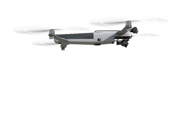 istock Flying electric drone. Side view. Isolated on white. Photorealistic 3D rendering 1210053485