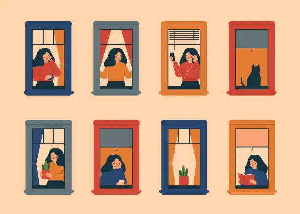 Vector illustration of Windows with women doing daily things in their apartments