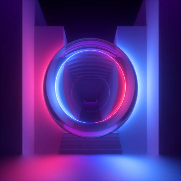istock 3d render, abstract modern minimal background, pink blue neon light, reflection inside glass ball. Empty staircase perspective. Futuristic urban concept 1210055027