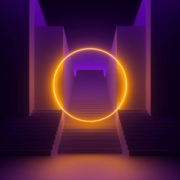 istock 3d render, abstract modern minimal violet background, yellow neon light glowing ring, blank round frame. Empty staircase perspective. Futuristic urban concept 1210055073