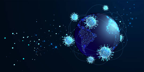 ilustrações de stock, clip art, desenhos animados e ícones de covid-19. concept health safety protection coronavirus epidemic 2019 ncov. viruses fly around planet earth. low poly wireframe style. vector - globe human hand earth world map