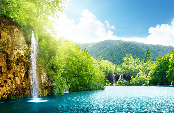 wasserfall im tiefen wald - water waterfall sky seascape stock-fotos und bilder