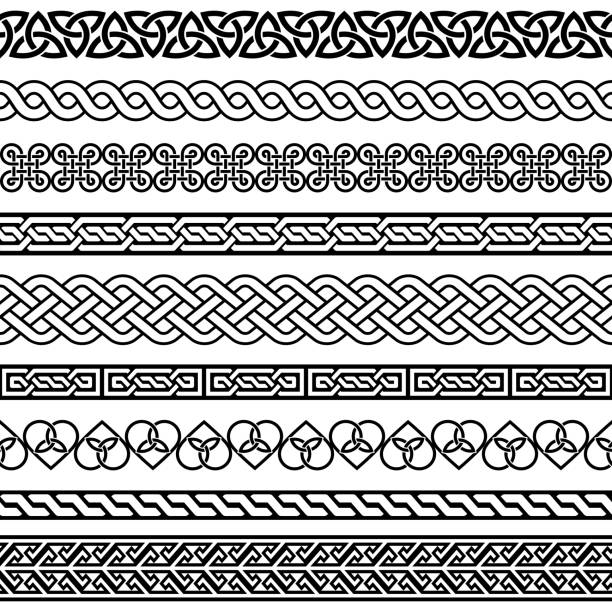 Celtic vector semaless border pattern collection, Irish braided frame designs for greeting cards, St Patrick's Day celebration Retro Celtic collection of braided ornaments in black and white, traditional ornaments from Ireland welsh culture stock illustrations