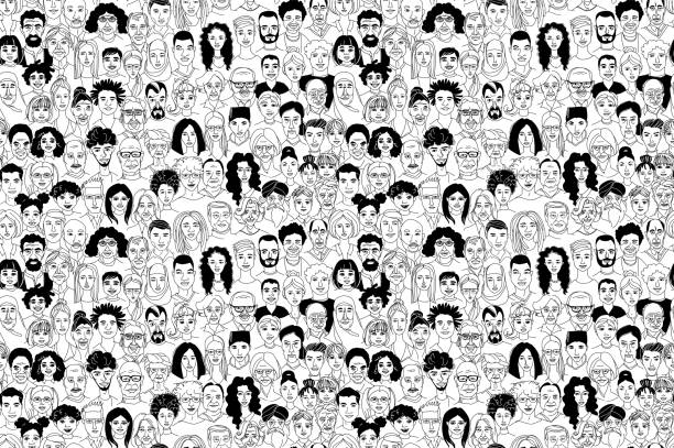 Women's men's children's portraits line drawing doodle poster seamless pattern Young, middle age, senior adult women's men's children's seamless pattern background. Diversity multiracial, multiethnic crowd group people. Hand drawn line drawing doodle vector illustration poster crowd of people illustrations stock illustrations