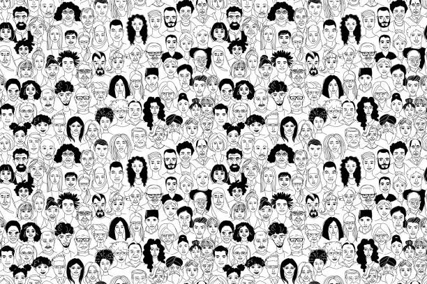 Women's men's children's portraits line drawing doodle poster seamless pattern Young, middle age, senior adult women's men's children's seamless pattern background. Diversity multiracial, multiethnic crowd group people. Hand drawn line drawing doodle vector illustration poster old indian stock illustrations