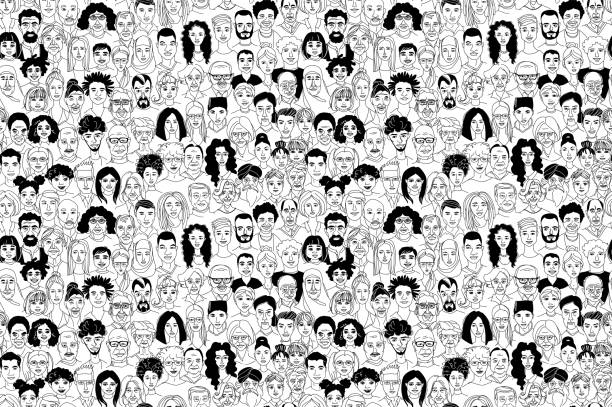 Women's men's children's portraits line drawing doodle poster seamless pattern Young, middle age, senior adult women's men's children's seamless pattern background. Diversity multiracial, multiethnic crowd group people. Hand drawn line drawing doodle vector illustration poster mens and womens fashion stock illustrations