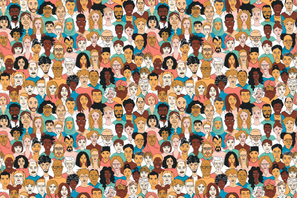 istock Women's men's children's portraits line drawing doodle poster seamless pattern 1210064019