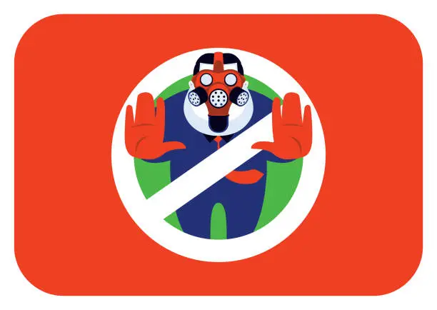 Vector illustration of man wearing gas mask with stop warning sign