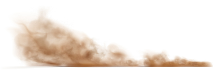 Dust sand cloud on a dusty road from a car. Scattering trail on track from fast movement. Transparent realistic vector stock illustration