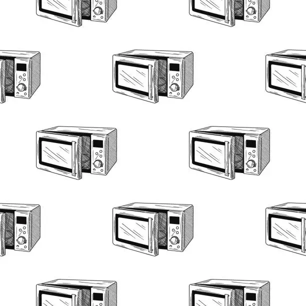 Vector illustration of Seamless pattern. Microwave oven on white background. Vector illustrations in sketch style