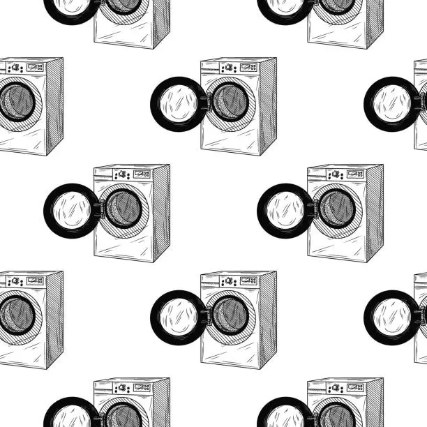 Vector illustration of Seamless pattern. Washing machine on white background. Vector illustrations in sketch style