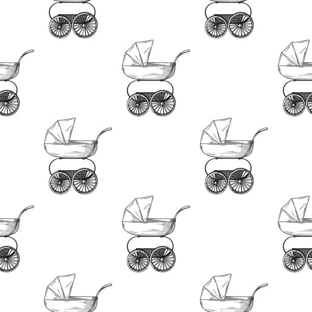 Seamless pattern. Pram, baby carriage on a white background. Vector illustration in sketch style.