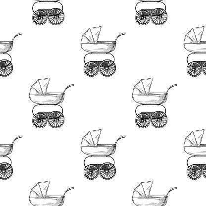 Seamless pattern. Pram, baby carriage on a white background. Vector illustration in sketch style.