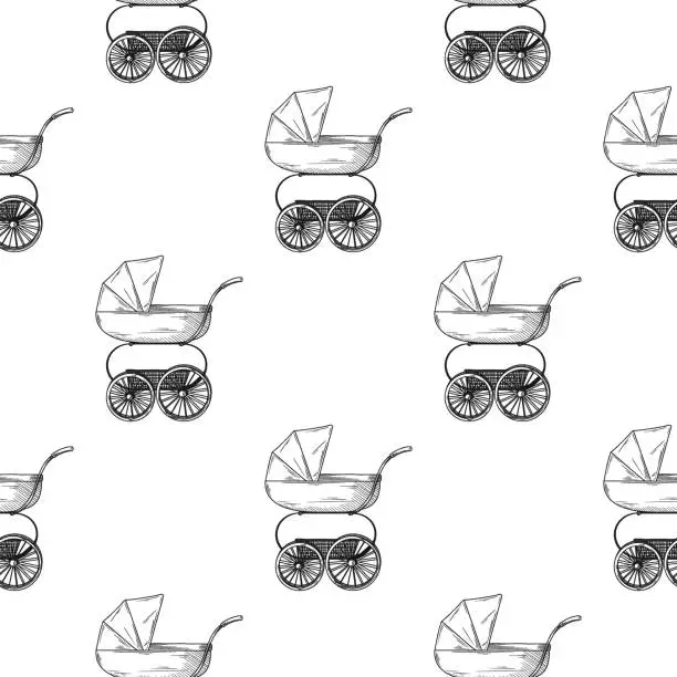Vector illustration of Seamless pattern. Pram, baby carriage on a white background. Vector illustration in sketch style.