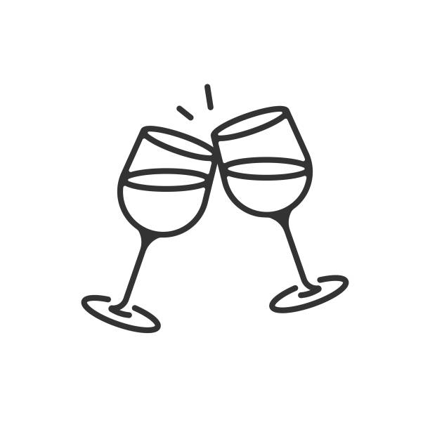 ilustrações de stock, clip art, desenhos animados e ícones de champagne glasses and cheers icon. celebration, holidays outline vector design on white background. - wine