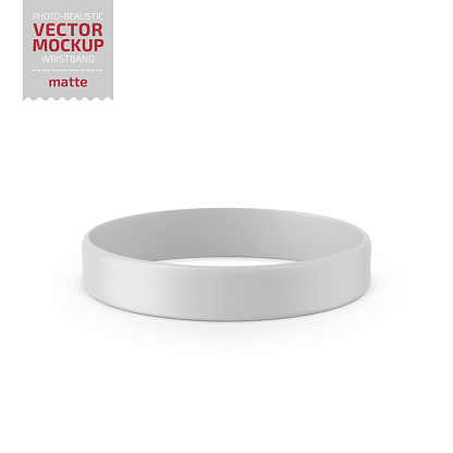 White glossy silicone wristband. Photo-realistic packaging mockup template. Vector 3d illustration.