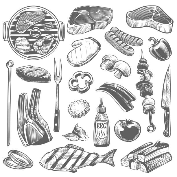 Sketch bbq. Hand drawn barbecue charcoal kettle grill with tools and foods, meats ribs, steak and sausages, vintage poster menu party vector isolated set