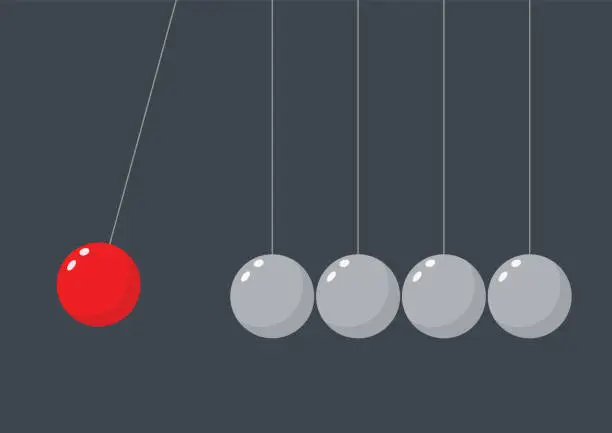 Vector illustration of Red sphere hanging on threads hitting another pendulum group