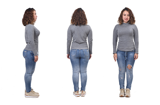 woman with jeans front, back and side view on white background