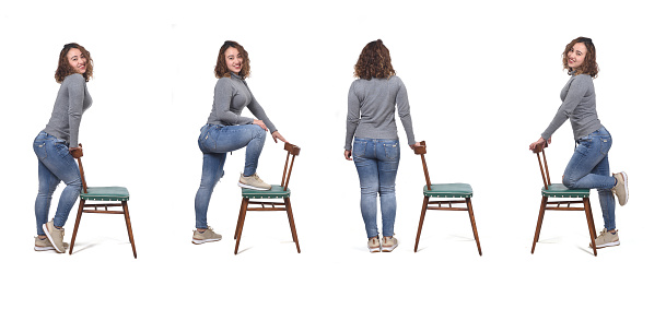 Collage of woman playing with a chair in white background