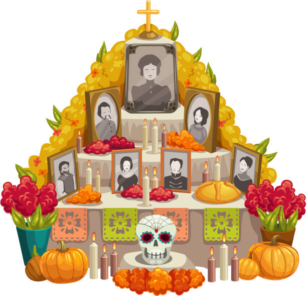 Mexican altar with deceased photos, skull, candles Dia de los muertos altar with offerings to Day of Dead isolated. Vector family photos, pumpkins and flowers altar stock illustrations