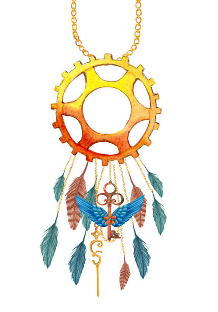 Steampunk Dream Catcher With Feathers Gears Cogs Key And Chain Watercolor  Illustration Stock Illustration - Download Image Now - iStock