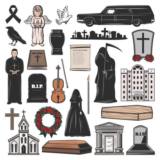 Funeral coffin, grave, candle and tombstone cross Funeral vector icons of coffin, death and candle, grave, tombstone and memorial cross, church, mortuary, hearse car and burial urn, flower wreath, dove and angel, pastor and bible. Interment themes coffin crematorium stock illustrations