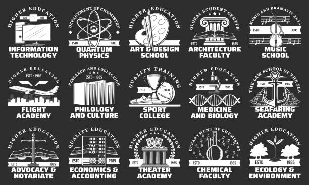 ilustrações, clipart, desenhos animados e ícones de ícones da educação da universidade, escola e academia - science book glass document