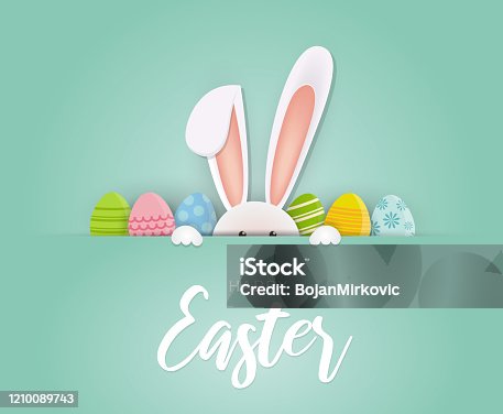 istock Easter card with rabbit and eggs. Vector 1210089743