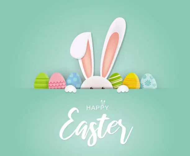 Vector illustration of Easter card with rabbit and eggs. Vector