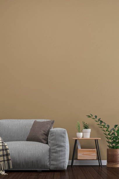istock Empty living room with gray sofa, table and decoration 1210089821