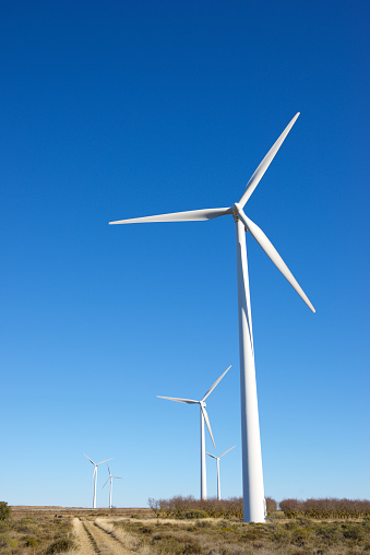 Windmills for electric power production, Huesca province, Aragon in Spain.