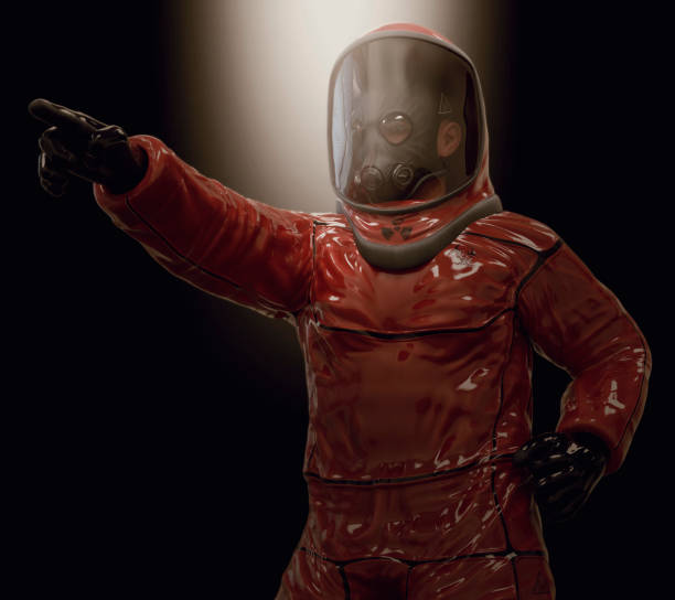 istock Man in a biohazard suit on a dark background 3d illustration 1210090987
