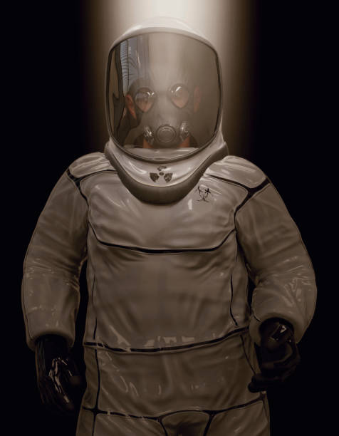 istock Man in a biohazard suit on a dark background 3d illustration 1210091096