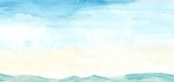 illustrations, cliparts, dessins animés et icônes de illustration dessinée à la main bleu ciel clair et aquarelle jaune clair, fond de montagne. - green sky water wave