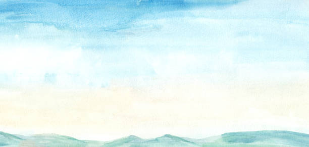 Hand drawn illustration light sky blue and light yellow watercolor, mountain background. Hand drawn illustration light sky blue and light yellow watercolor, mountain background. Aquarelle paint paper textured canvas element for text design, greeting card, template. tropical beach and clouds scene stock illustrations