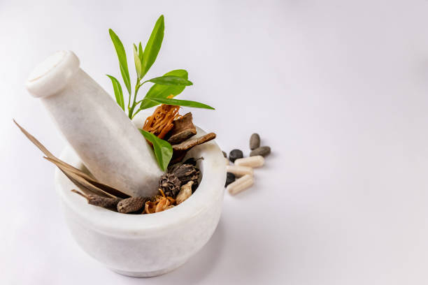 Cinnamon, dry ginger, black cardamom, javitri, long pepper and green leaves in mortar and pestle and scattered ayurvedic pills on white background Cinnamon, dry ginger, black cardamom, javitri, long pepper and green leaves in mortar and pestle and scattered ayurvedic pills on white background ayurveda stock pictures, royalty-free photos & images