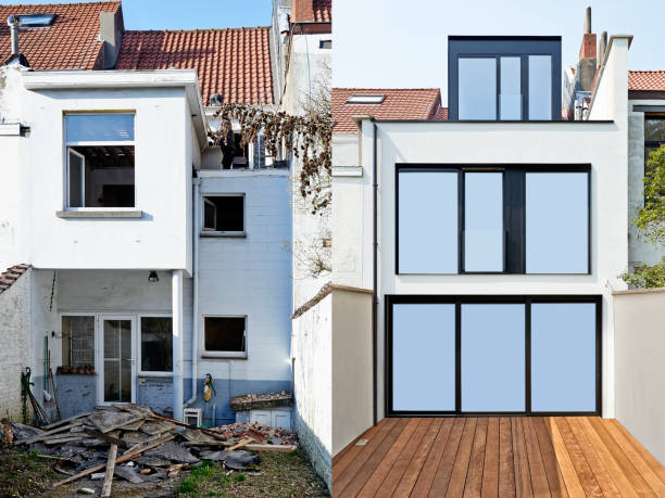 istock Construction of a new facade in courtyard  from old house before and after 1210102542