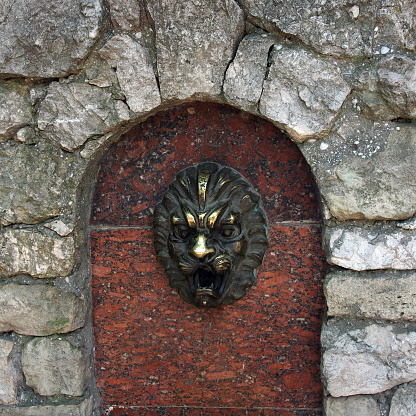 Bas-relief of the lion's head in yellow -brown metal on a granite Board, framed by a gray stone, close- up.