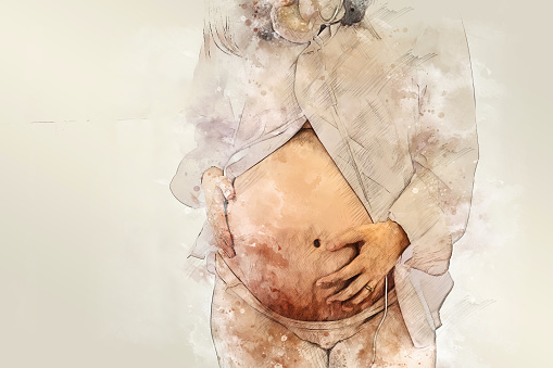 Abstract colorful pregnant woman smile portrait on watercolor illustration painting background.